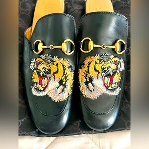 New Gucci Men KING TIGER PRINCETOWN Horsebit Leather Mule Shoe Black 7.5